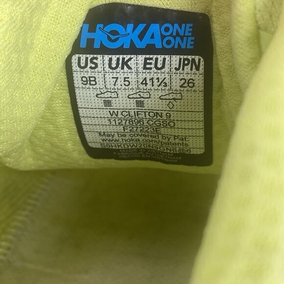 Hoka OneOne Clifton 9 Citrus Glow Womens Green Size 9 Running Shoes 1127896 CGSO - Picture 11 of 12